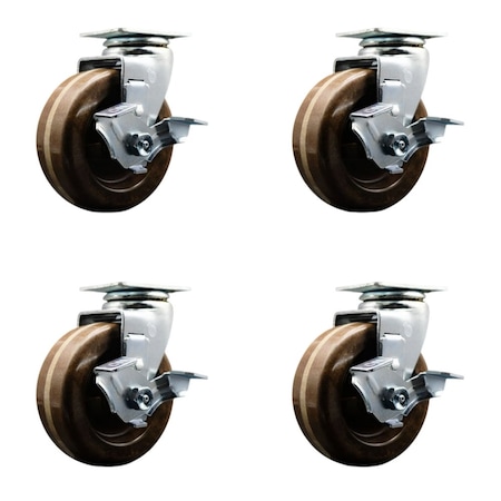 Service Caster 5'' High Temp Phenolic Swivel Caster Set with Bronze Bearings and Brakes, 4PK SCC-20S520-PHBZHT-TLB-4